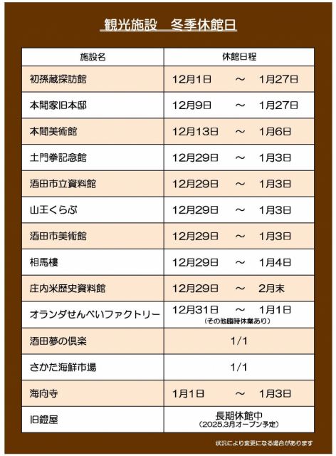観光施設の冬季休館日について
